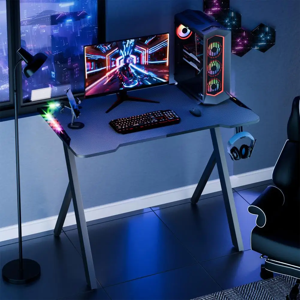 Carbon Fiber Surface Gaming Table, Large Gaming Computer Desk, X-Shaped Legs PC Workstation Desk with Cup Holder & Headphone Hoo