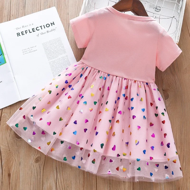 Girls Dress Cartoon Unicorn Heart-Shaped Mesh Cotton Splicing Cute Princess Birthday Party Dresses Summer Kids Casual Clothes