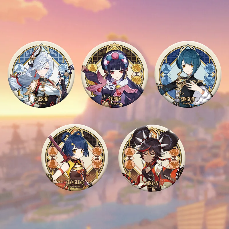 58mm Game Liyue Anime Pins Cosplay Xiao Zhongli Hu Tao Shenhe Ganyu Keqing Badges Brooch Backpacks Decoration Accesories Gift