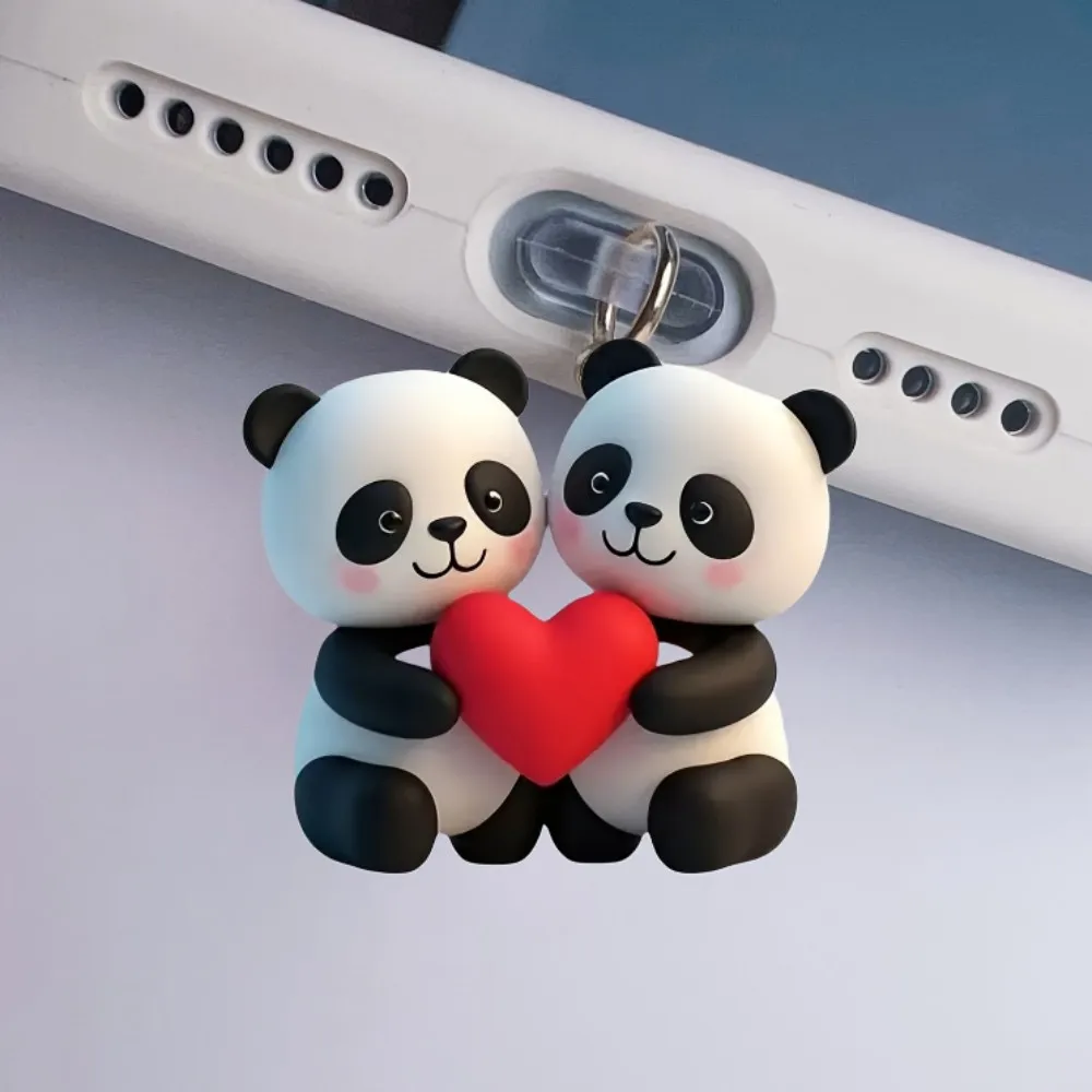 1 Pcs Cute Couple Panda Design Dust Plug 2D Acrylic Phone Dust Stopper Pendant for iPhone Type-C Charger Port Cover Anti Dust