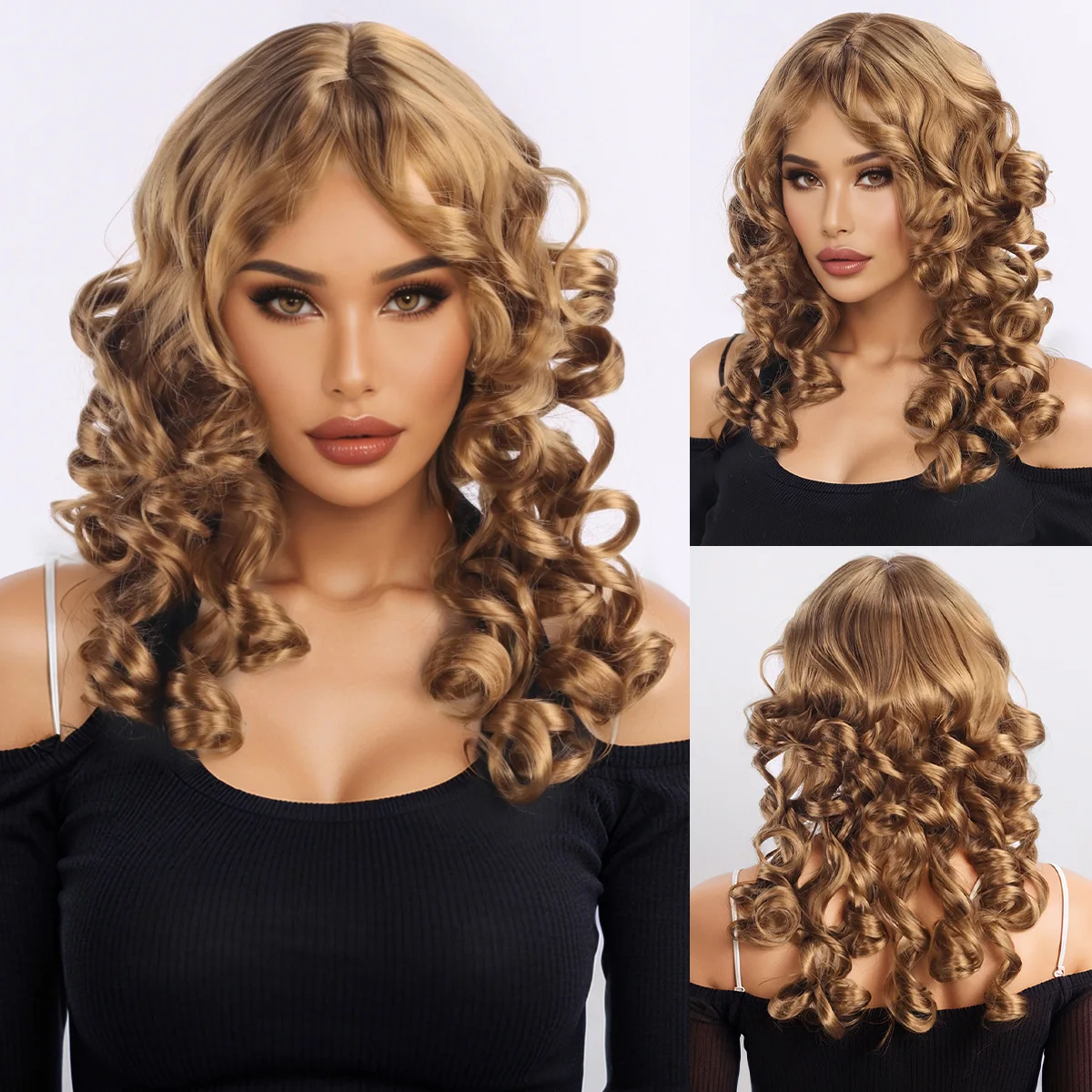 

European and American foreign trade wigs are divided into golden wool, small curly hair wigs and head covers-Synthetic fiber wig