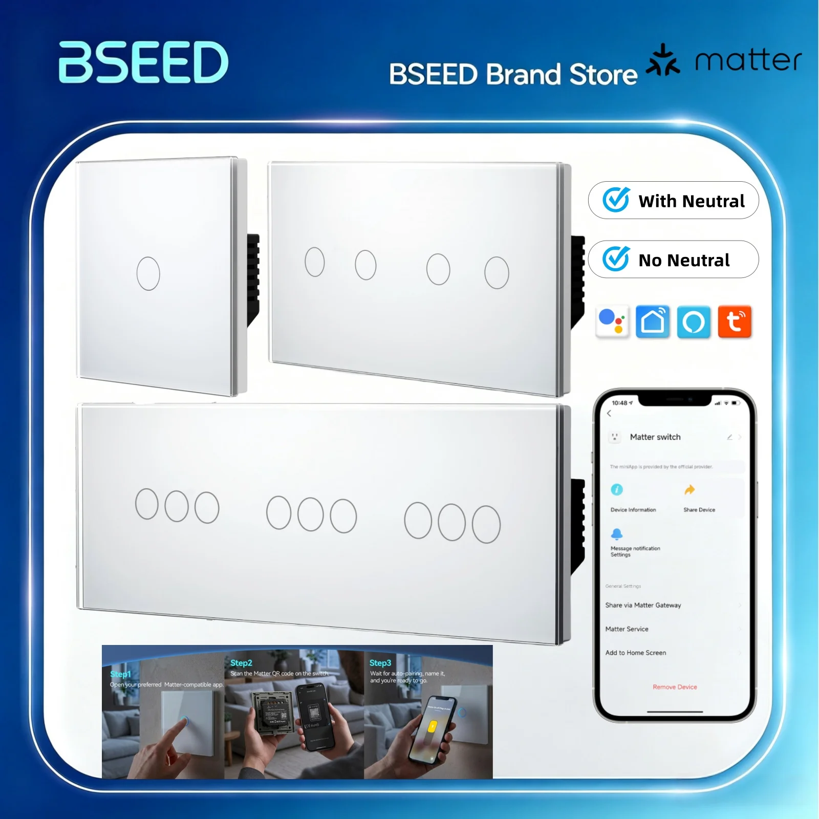 BSEED Matter Smart Touch Lichtschalter ohne Neutralleiter & mit Neutralleiter, kompatibel mit Apple Home, Tuya APP, Google Assistant Sprachsteuerung.
