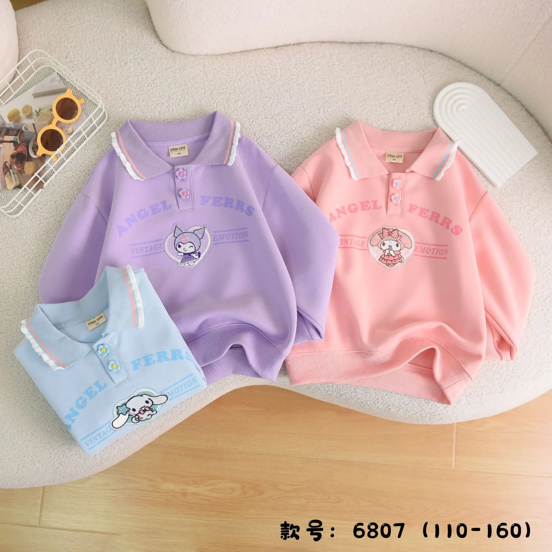 

Kuromi Embroidered Polo Collar Girls Casual Long-Sleeved Top Kawaii Sanrio Anime Cinnamoroll Autumn Cartoon Hoodie Kid Gift