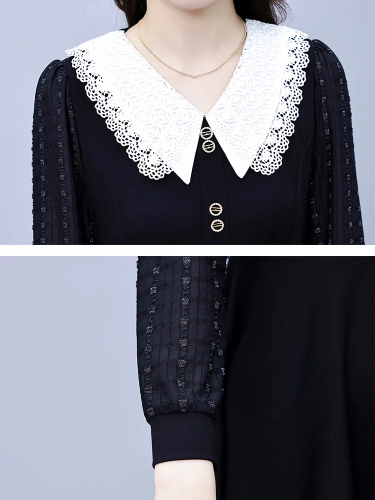2024 Black Long Sleeve Lace Doll Collar Midi Dress Women Korean