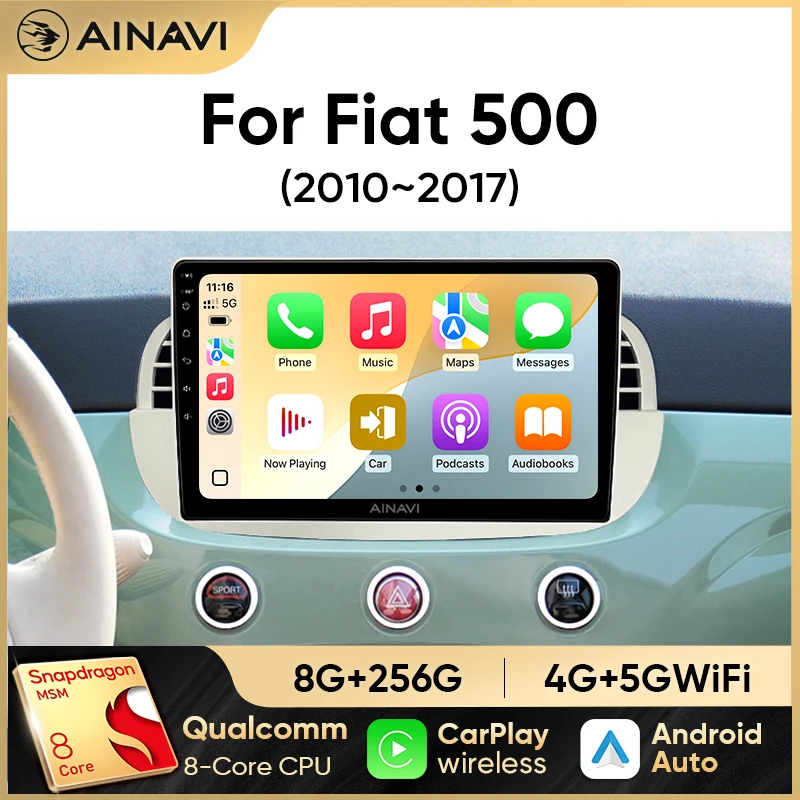 Ainavi 9'' Android 13 Radio Car Stereo De Coche Para Fiat 500 Con Navegación GPS Control De Volante Multimedia Carplay Y Auto BT