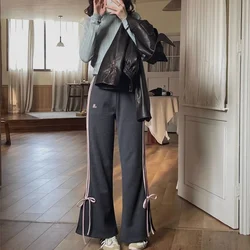 Deeptown Sweet Striped Flared Sweatpants Women Y2k Vintage Bow Korean Fashion Pants Harajuku Baggy Gray Trousers Aesthetic 2024