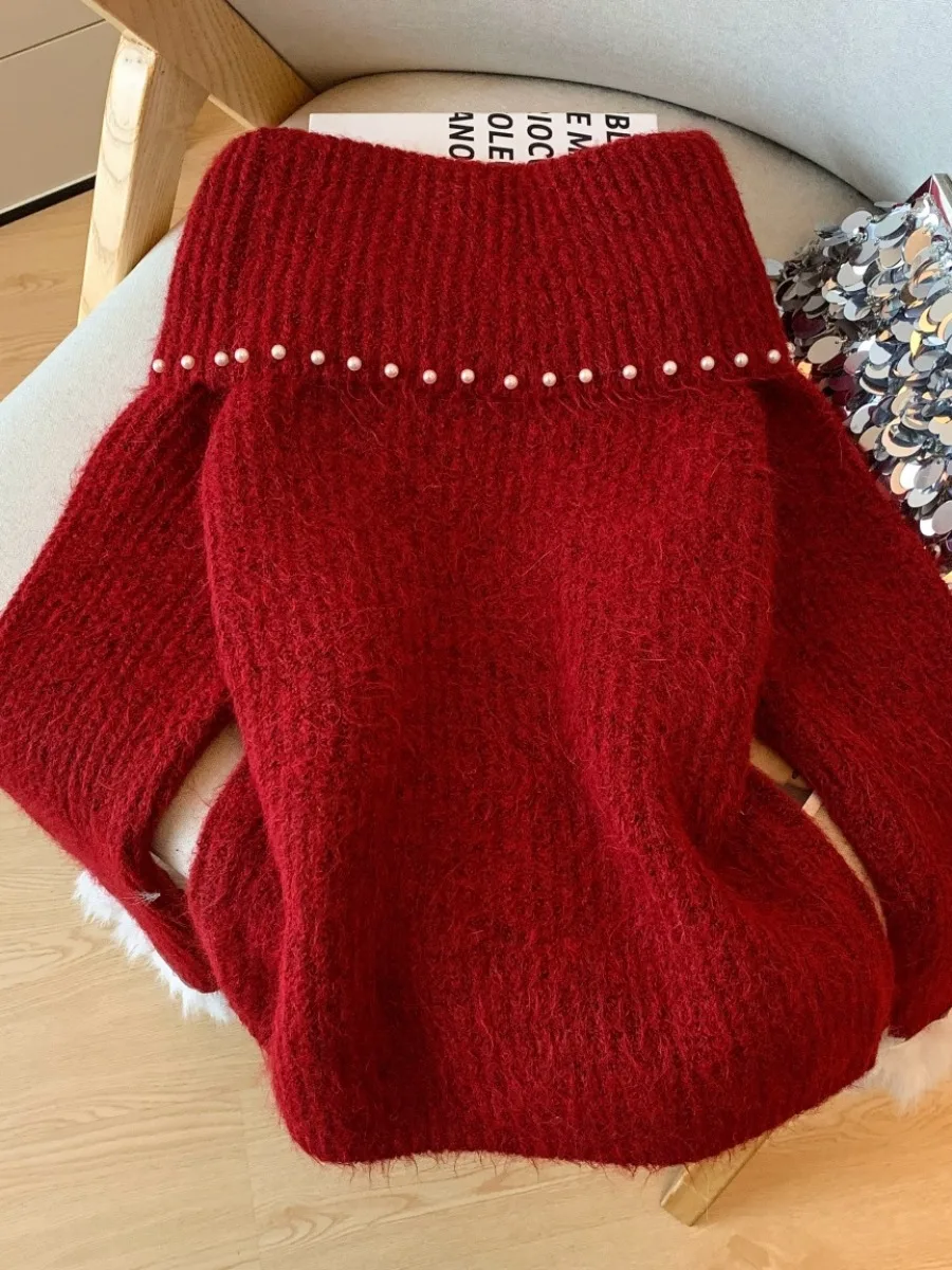 เสื้อไหมพรมถักแบบเปิดไหล่ข้างเดียวสำหรับผู้หญิง ทรงหลวม สไตล์เกาหลี สำหรับฤดูใบไม้ร่วงและฤดูหนาว ดีไซน์ปลายแขนขนฟู