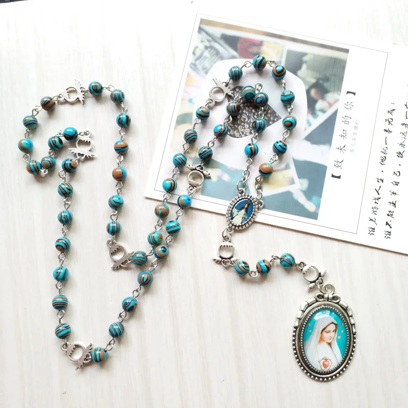 

Peacock Stone Beads Pendant Rosary Necklace For Women Men Catholic Jewelry