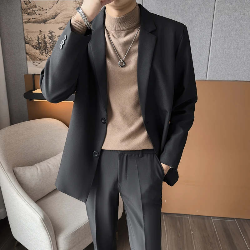 

Casual Bla Single-Button Men's Suit Jaet Lightweight Maturi Sle Spring Autumn Faion Korean Version Long Sve Stan...