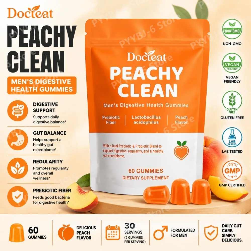 Gomitas Docteat Peachy Clean para la Salud Digestiva Masculina, Mezcla Prebiótica y Probiótica, Sabor a Durazno, 60 Gomitas, Suplemento Dietético