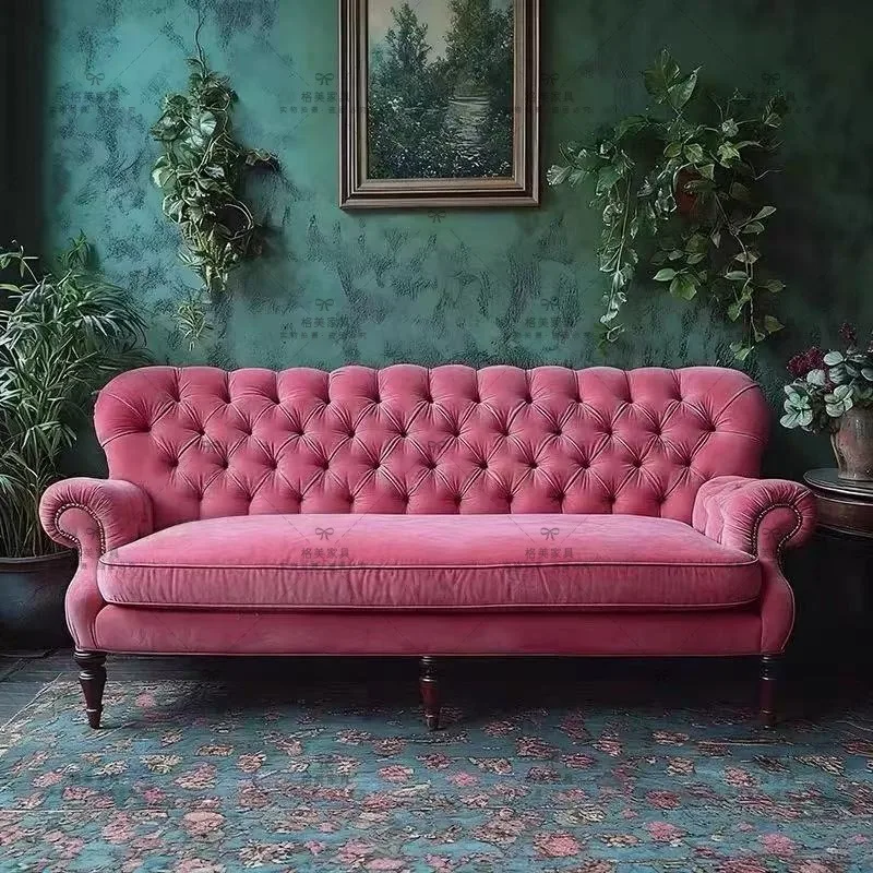 French buckle designer dopamine three-person sofa retro fabric velvet living room high back bedroom sofa