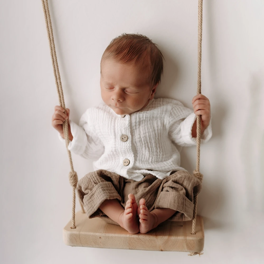 Newborn Photography Props Cotton Muslin White Button Top Khaki Pants Baby Boy Photo Shoot Outfit Set