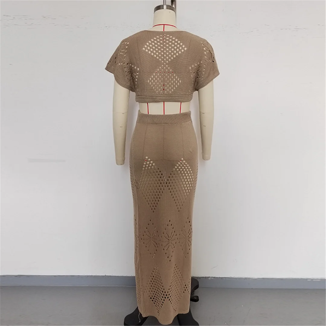 V-Ausschnitt, kurze Ärmel, gehäkeltes Strickmuster, zweiteiliges Set, Strandkleid, Strandmode, Strandbekleidung, Strandüberwurf, Damen, V6703 – Detail 19