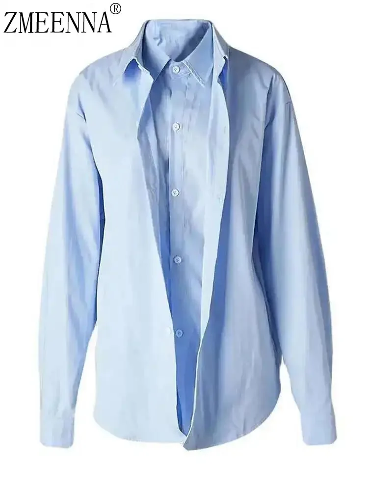 

ZMEENNA Women's Light Blue Button Down Shirt Casual Loose Fit Long Sleeve Collared Blouse Everyday Wear Top ZM3200