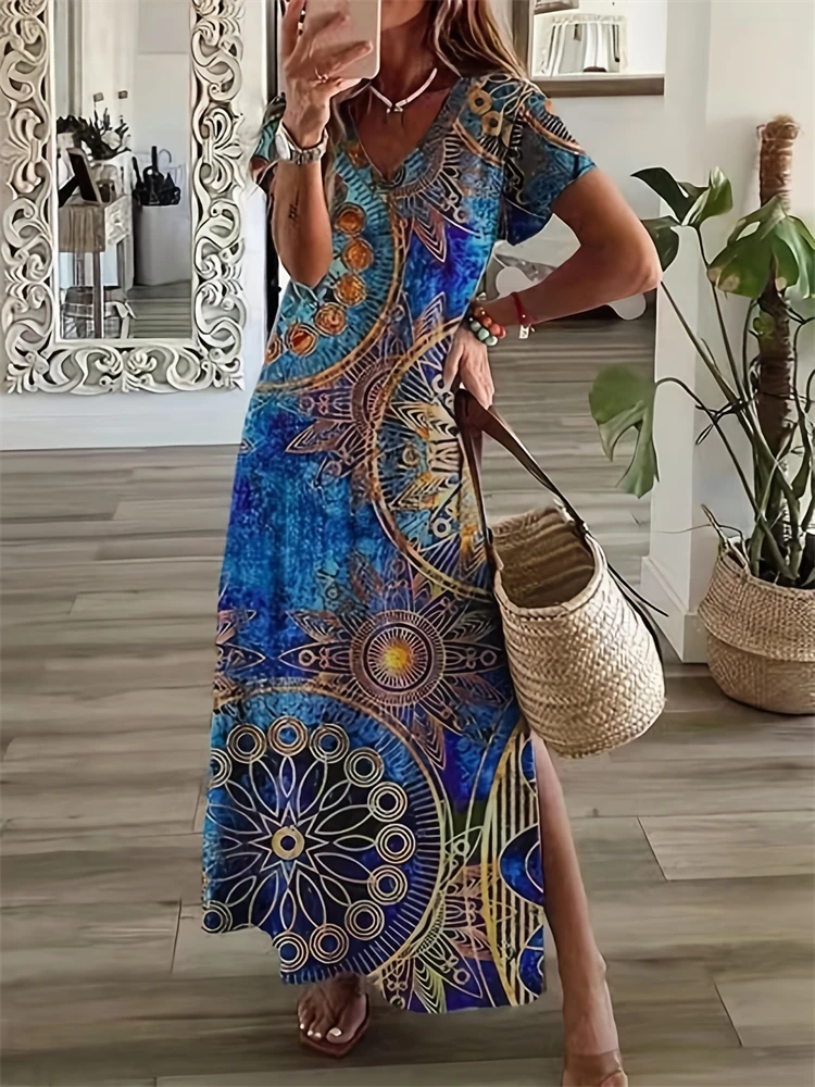 خمر هندسية غير النظامية المطبوعة تي شيرت طويل المرأة الصيف الخامس الرقبة قصيرة الأكمام ألف خط فستان عطلة عادية شق فساتين طويلة