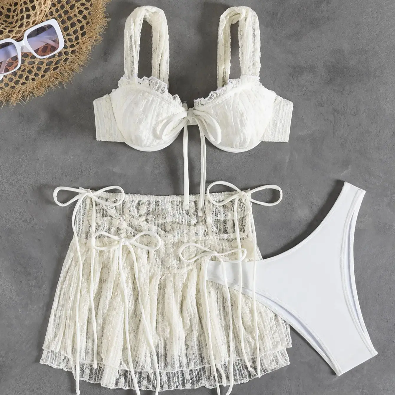 

2026 Women's 3 Piece Lace Bikini Set French Resort Style Pure & Sexy Fringe Drawstring Swimsuit Sexy Cover Up Skirt Holiday Ropa