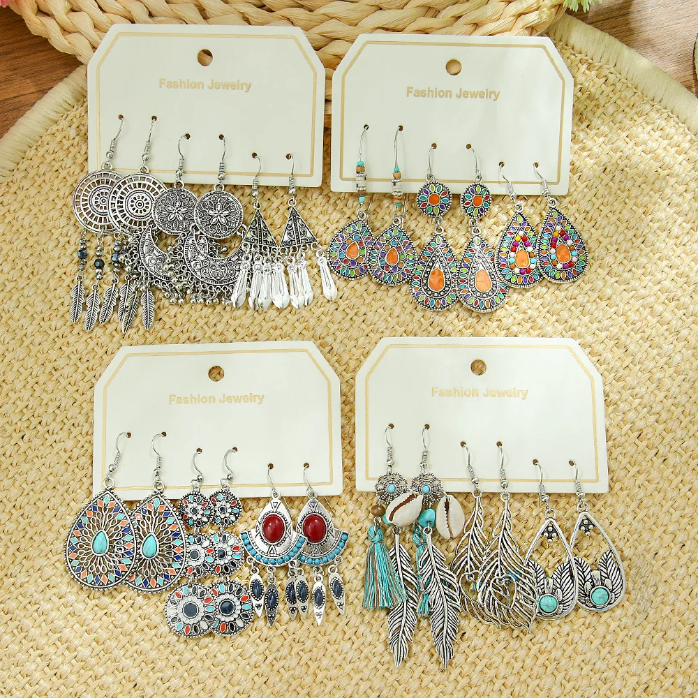 Wholesale 3Pairs/Bundle Bohemia Vintage Ethnic Antique Silver Dangle Drop Earrings Sets for Women Ladies Jewelry Accessories