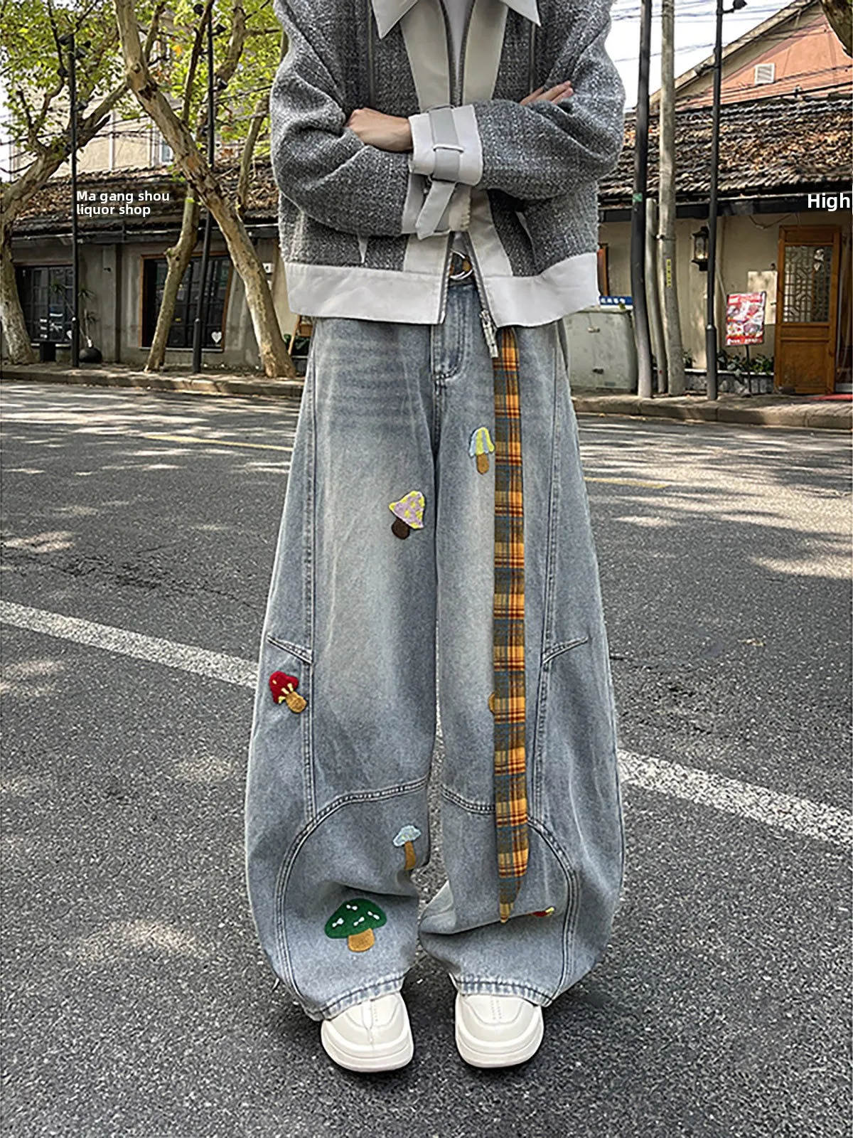 

American Deconstructed Cartoon Musoom Towel Embroidered Knife Jeans Loose Fit Men's Women's Trendy Patchwork Wide Leg ...