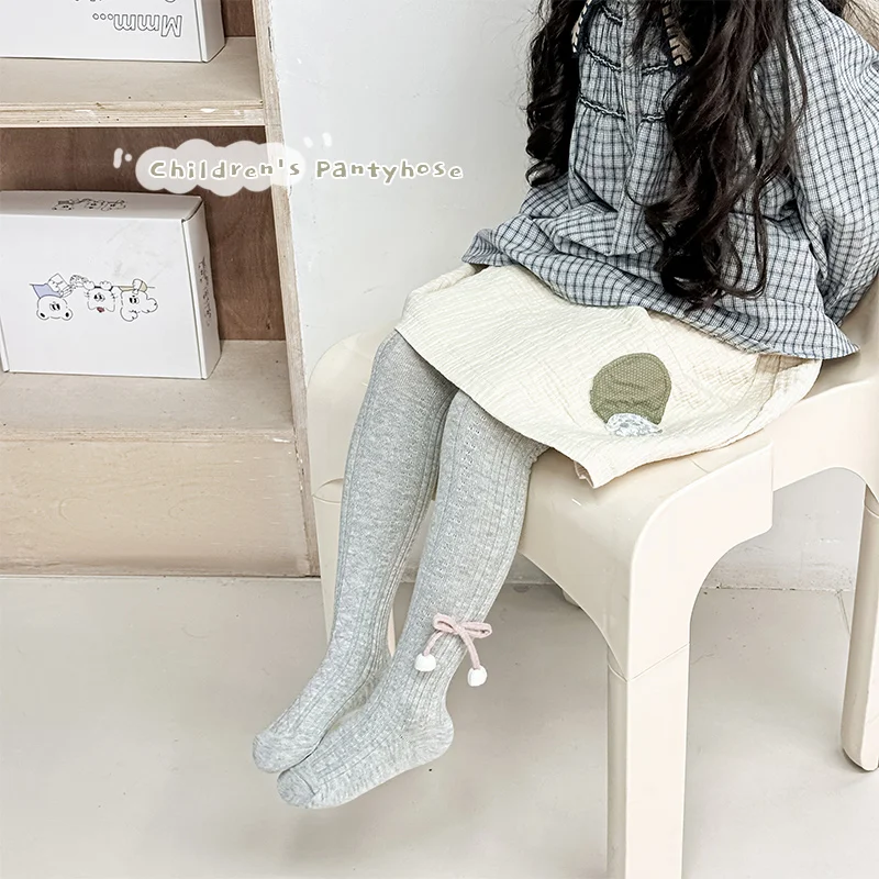 Kids Sweet Footed Tights Featuring Pom Pom Balls Cloth Bow Embellishment Soft Breathable Stretchy Material Comfortable Pantyhose