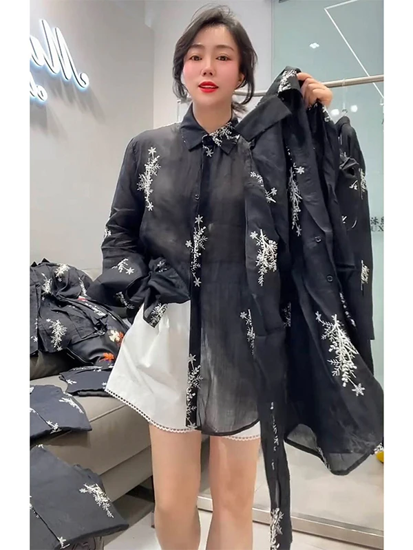 كتان ثقيل الوزن أنيق للنساء من irt متوسط الطول كاجوال irt كوري Sle طويل Sve بتفاصيل أزرار وتصميم مطرز #3