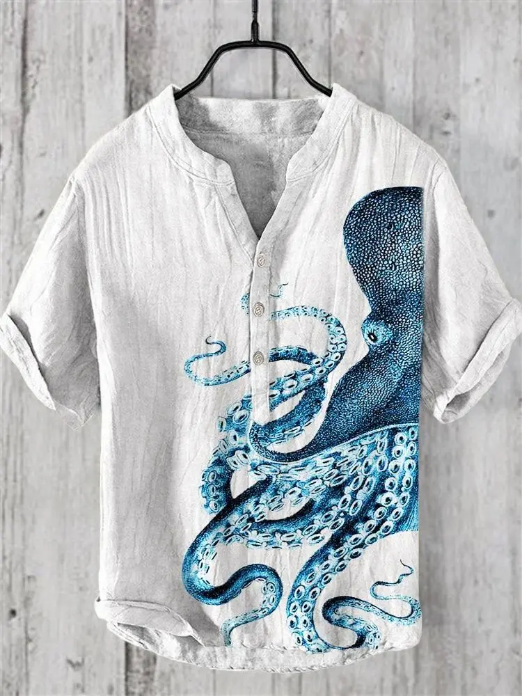 Amazon Octopus Series Printed Summer Men's Casual Linen Hawaiian Shirts Men's Vacation Beach Clothing Factory