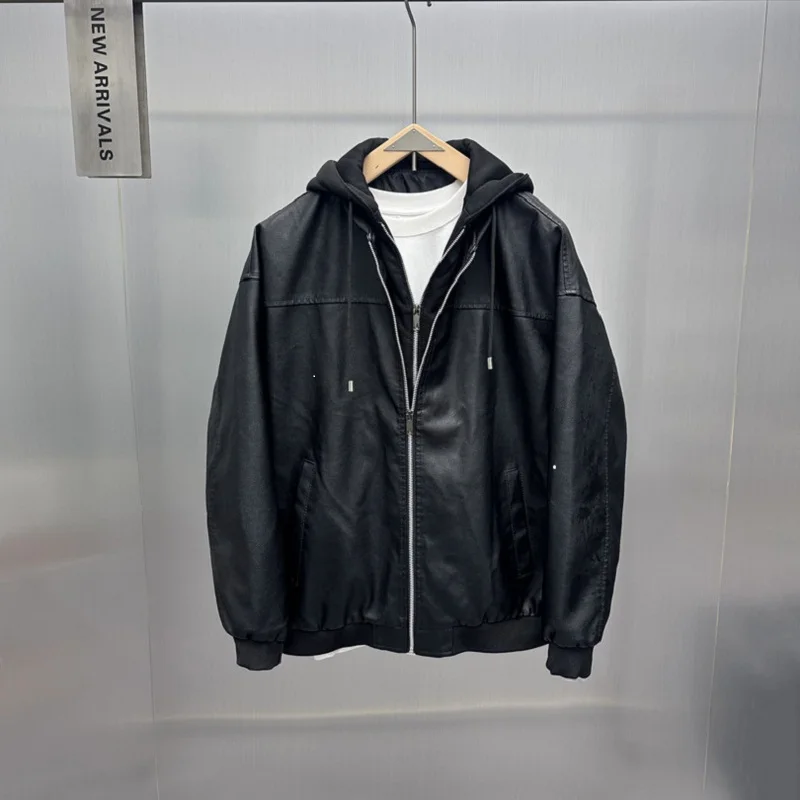 

Spring Men's Detachable Hooded PU Jacket, Motorcycle Style Fashionable Leather-like Outerwear
