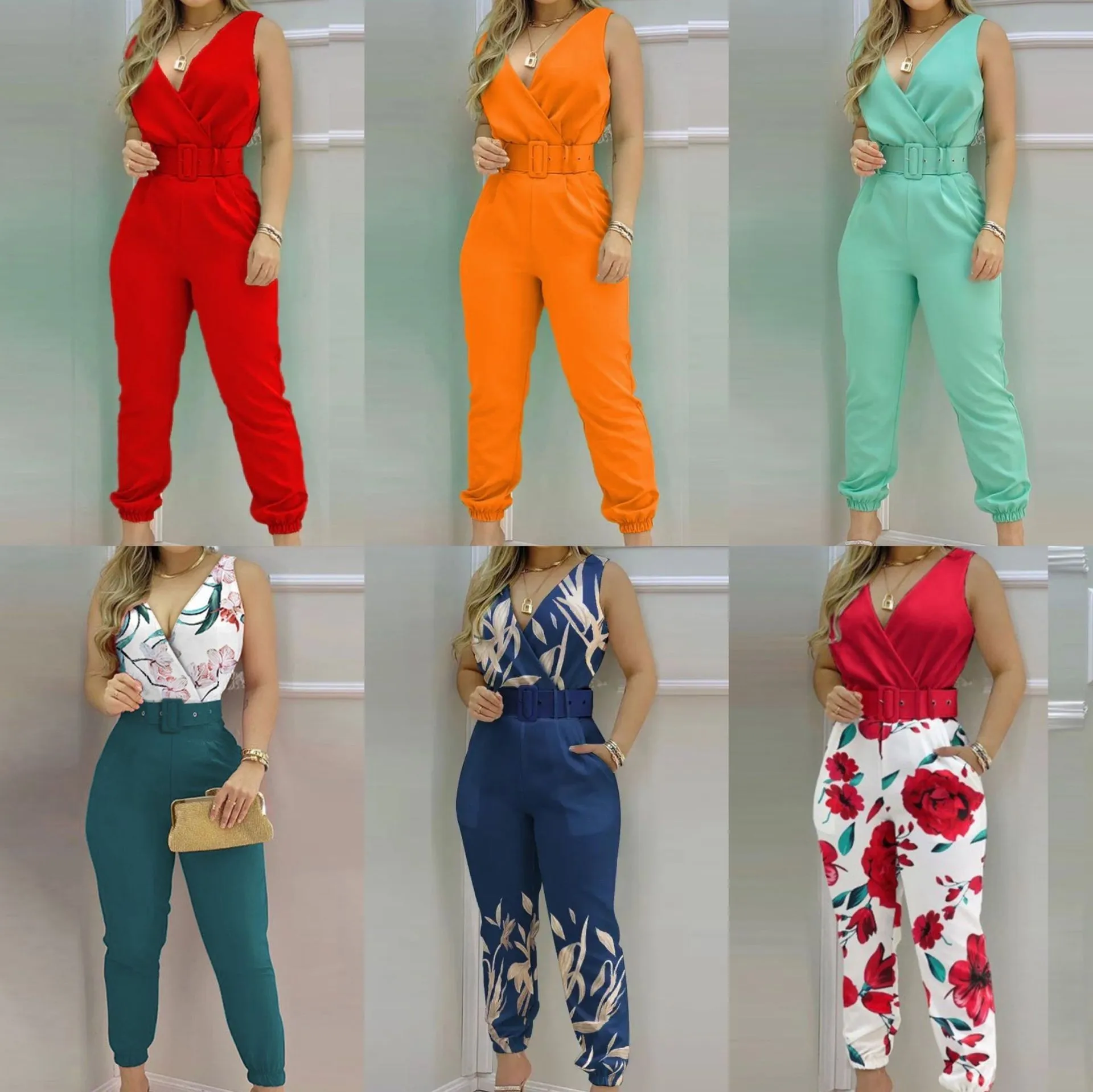 Mono sin mangas con cuello en V para mujer, overol de cintura alta con estampado floral, mono largo verde menta con cinturón
