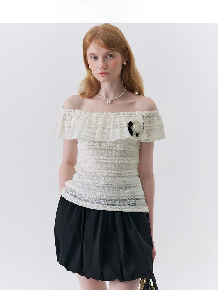 

Sweet Lace 3D Flower Women's Shirt Slim Fit Short Style Casual Summer Design Jiujiu Brand Breathable Polyester Fiber Top