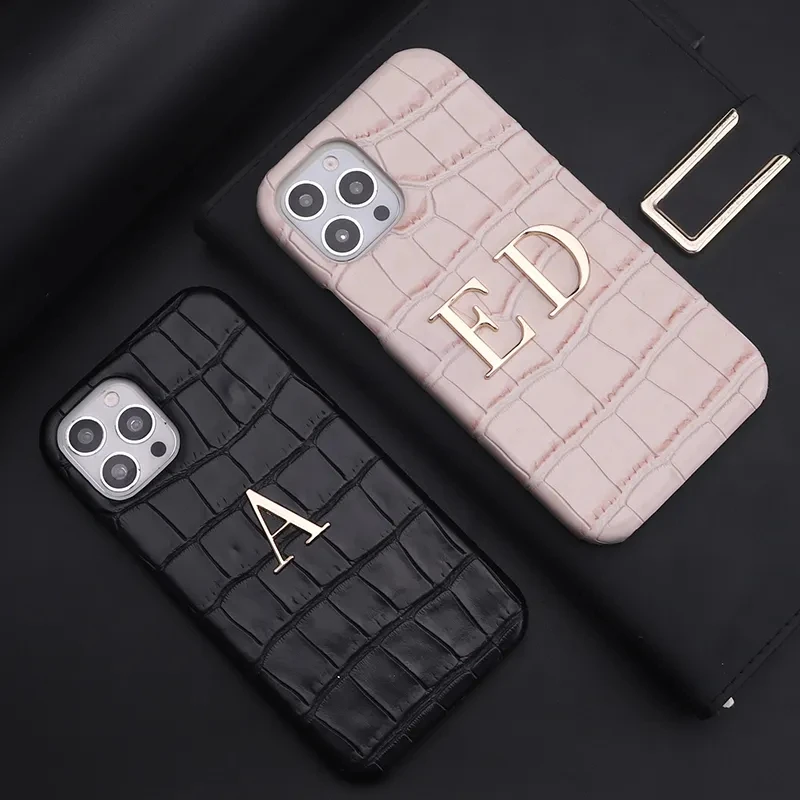 Custom Name Crocodile Leather Phone Case Personalization Gold Metal Letter For iPhone15 14 13 12 11Pro Max X XS XR Plus Cover