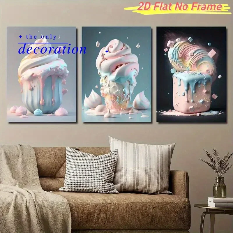 2D Flat, 2D Flat, 3pcs Frameless 2D/FLAT Summer Macaron Ice Cream Art Decor Canvas Paintings, Fashion Style Wall Art Decorati