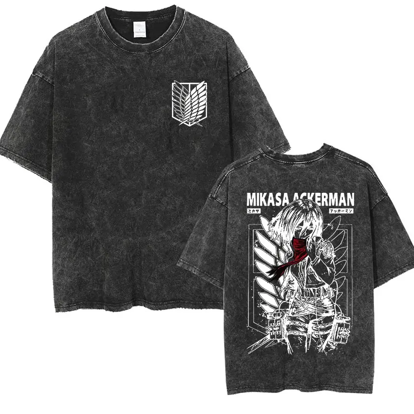 

Attack on Titan Mikasa Ackerman Survey Corps Acid Wash Oversized Cotton T Shirt 2026 Summer Anime Streetwear Graphic Tee