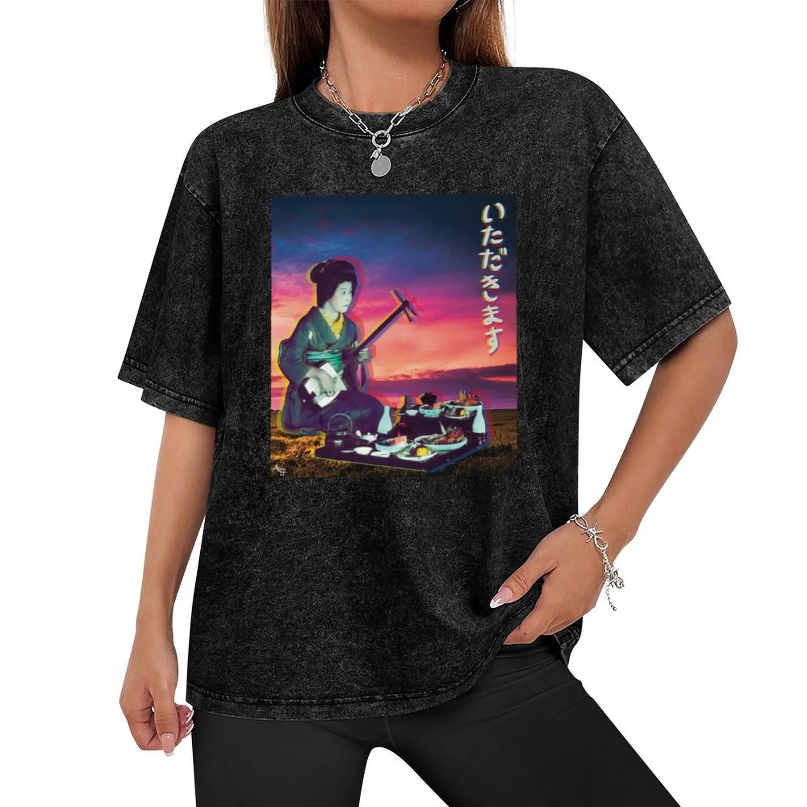 Shamisen Geisha in Front of a Feast at Sunset - Japan Collection T-Shirt animal prinfor boys man clothes plus size men clothing