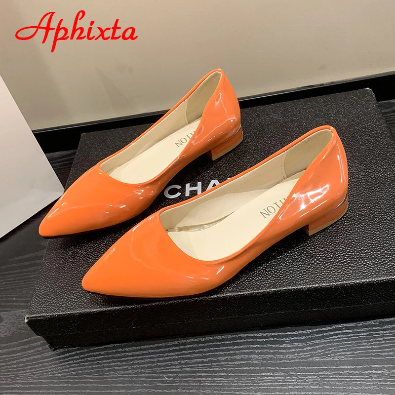 Aphixta Orange New Spring Autumn Shoes Woman Pointed Toe Flats Heels Patent Leather Slip On Fashion Loafers Plus Big Size 46