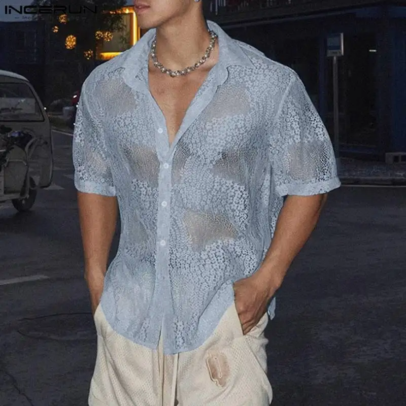 

2024 Men Shirt Floral Lace Hollow Out Lapel Short Sleeve Streetwear Men Clothing Transparent Sexy Fashion Shirts S-5XL INCERUN