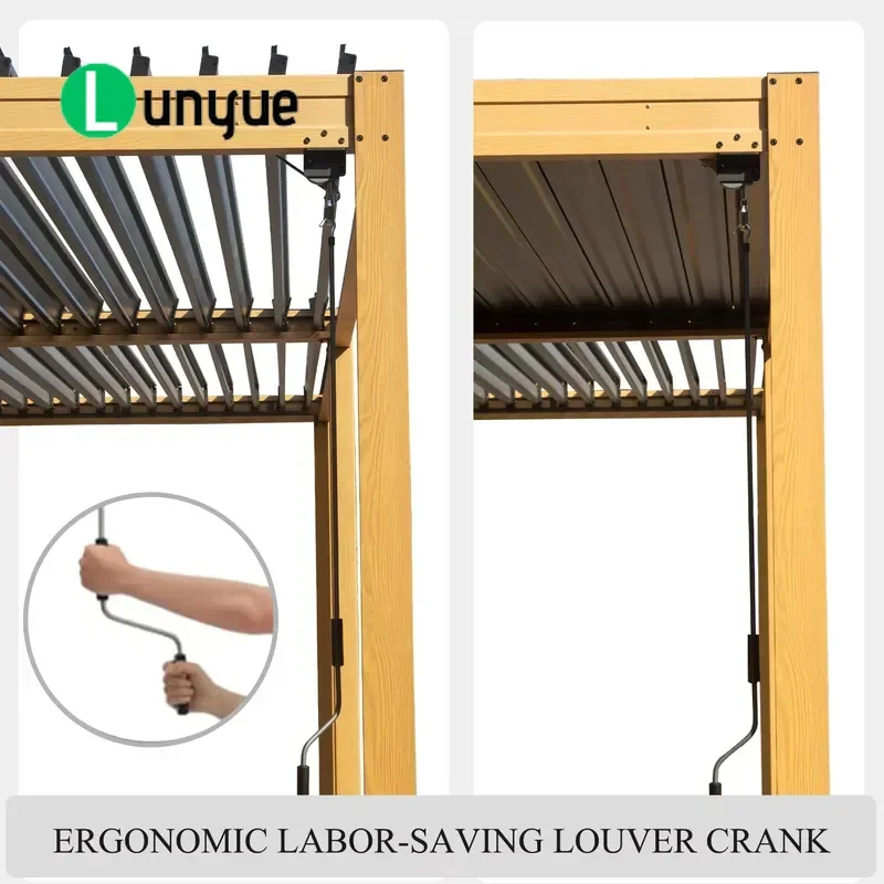 300x600cm Wood Grain Adjustable Aluminum Frame Pergola Outdoor Rainproof Canopy with Steel Roof Shutters for Garden Lawn