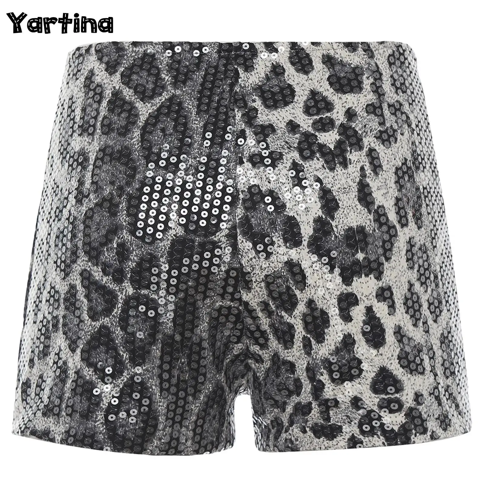 Womens Shiny Sequins Leopard Print Cheetah Y2k Print Shorts Pants Sexy Micro Mini Shorts Pants for Pole Dancing Rave Clubwear