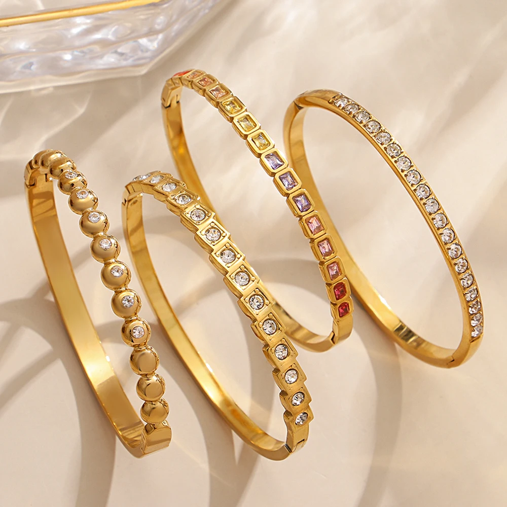 Multiple Stainless Steel Bangles Bracelets for Women Men Elegant Inlaid Colorful Square Rhinestone Open Bangle Cuff Jewelry Gift