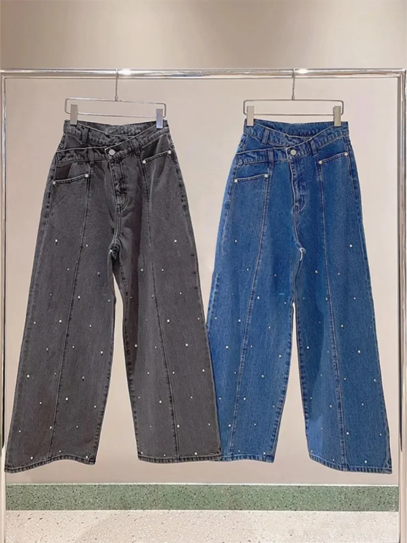 

Vintage Beading Diamonds Wide Leg Pants Casual High Waist Loose Straight Denim Jeans All-match Pantalones Cowboy 2024 Autumn New