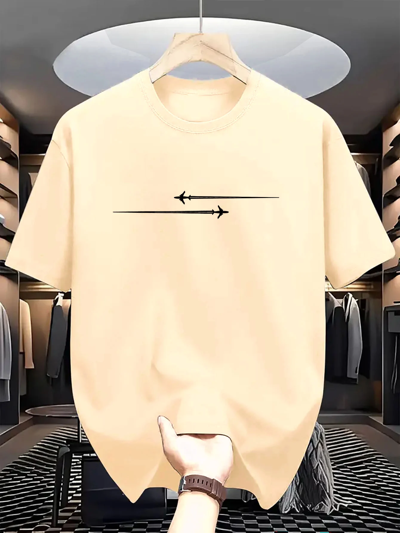 Summer Men's 100% Cotton Casual Loose Large Creative Airplane Pattern Printed Comfortable Sports Round Neck Short Sleeve T-shirt image 3