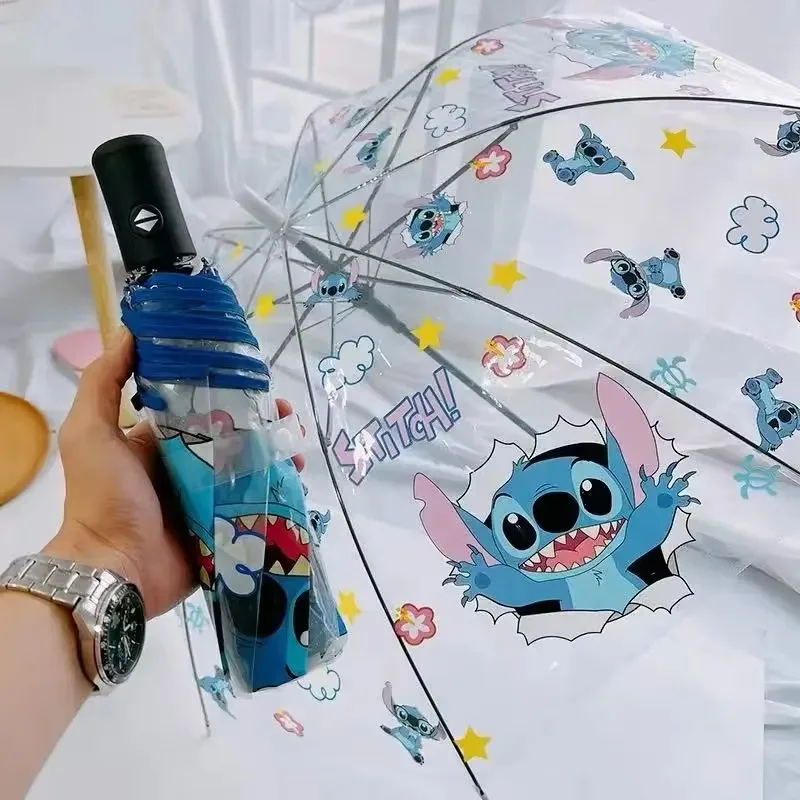 Kawaii Stitch Transparent Automatic Folding Umbrella Windproof Clear Rain Portable Umbrella for Women Kids Girls