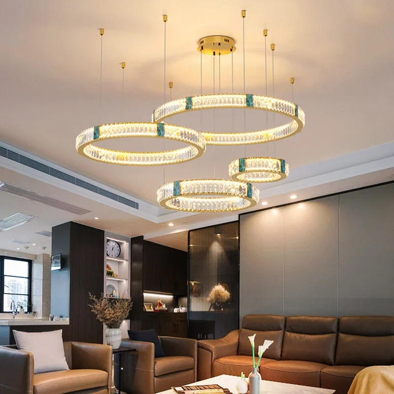 Modern living room golden crystal round ceiling chandelier luxury glossy remote control dimming LED light luxury chandelier