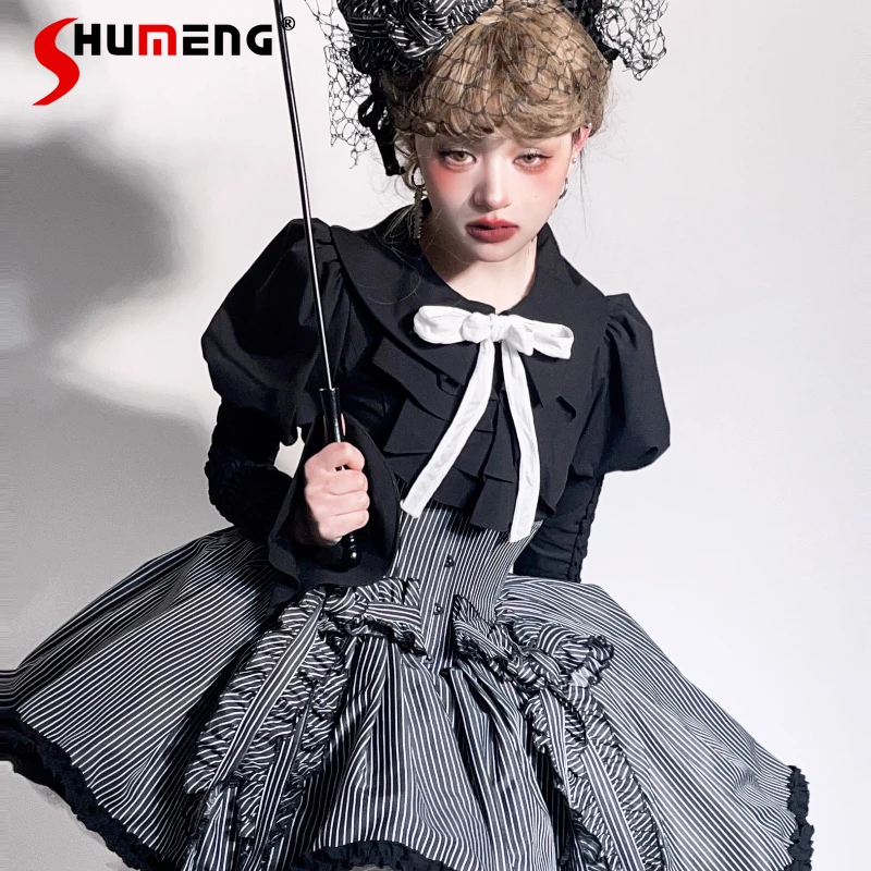 

Subculture Black Gothic Dark Shirt Autumn New Women's Slim Fit Elegant Retro Splicing Sleeves Blouses Top Cos Mini Cake Skirt