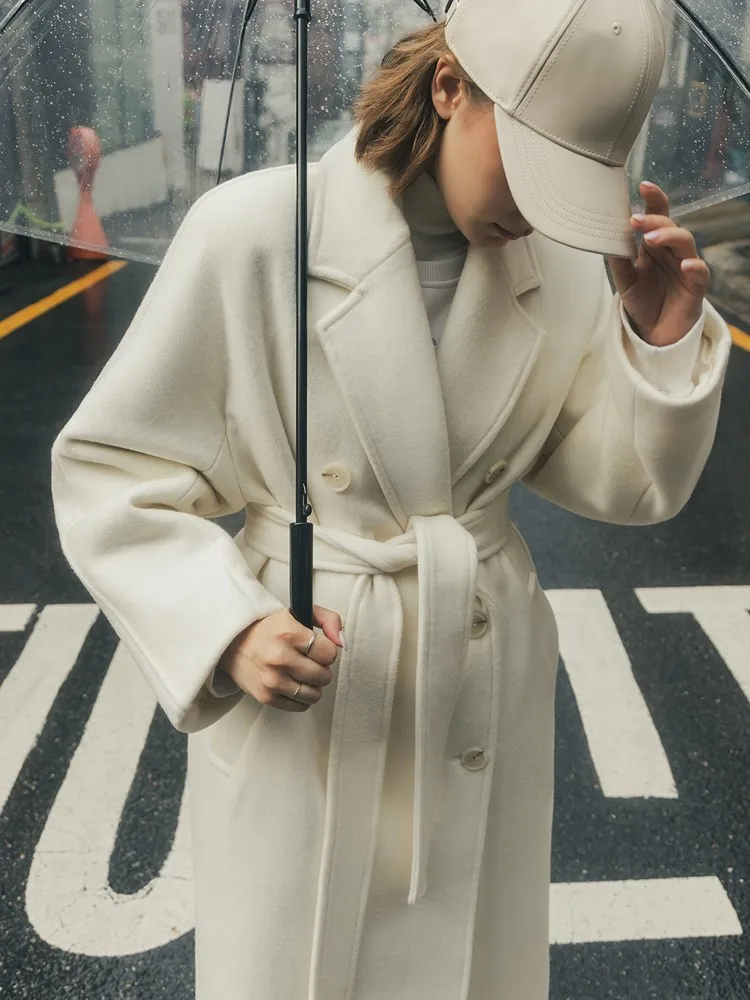 

Elegant Vintage Winter Long Woolen Coat With Belt Solid Casual Double Breasted Chic Outerwear Ladies Overcoat Female Jackets New