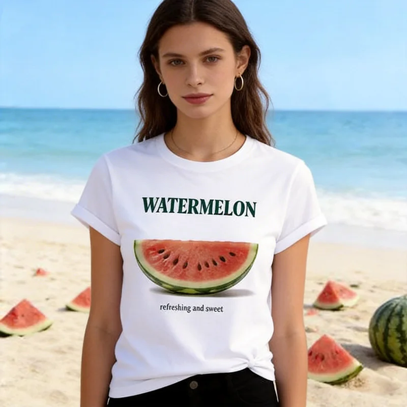 Damen Frühling Sommer Rundhals Kurzarm T-Shirt Wassermelonen-Buchstaben-Print Grafik T-Shirt für Frauen Vintage Tees Tops Kleidung