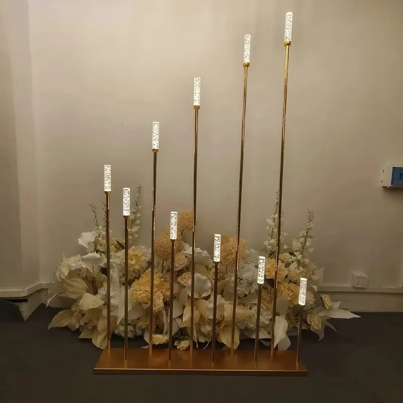 

Украшения для свадебного стола с золотыми кристаллами, 10 светодиодных подсвечников, украшение для домашней столовой, акриловая тростниковая лампа с металлическим основанием