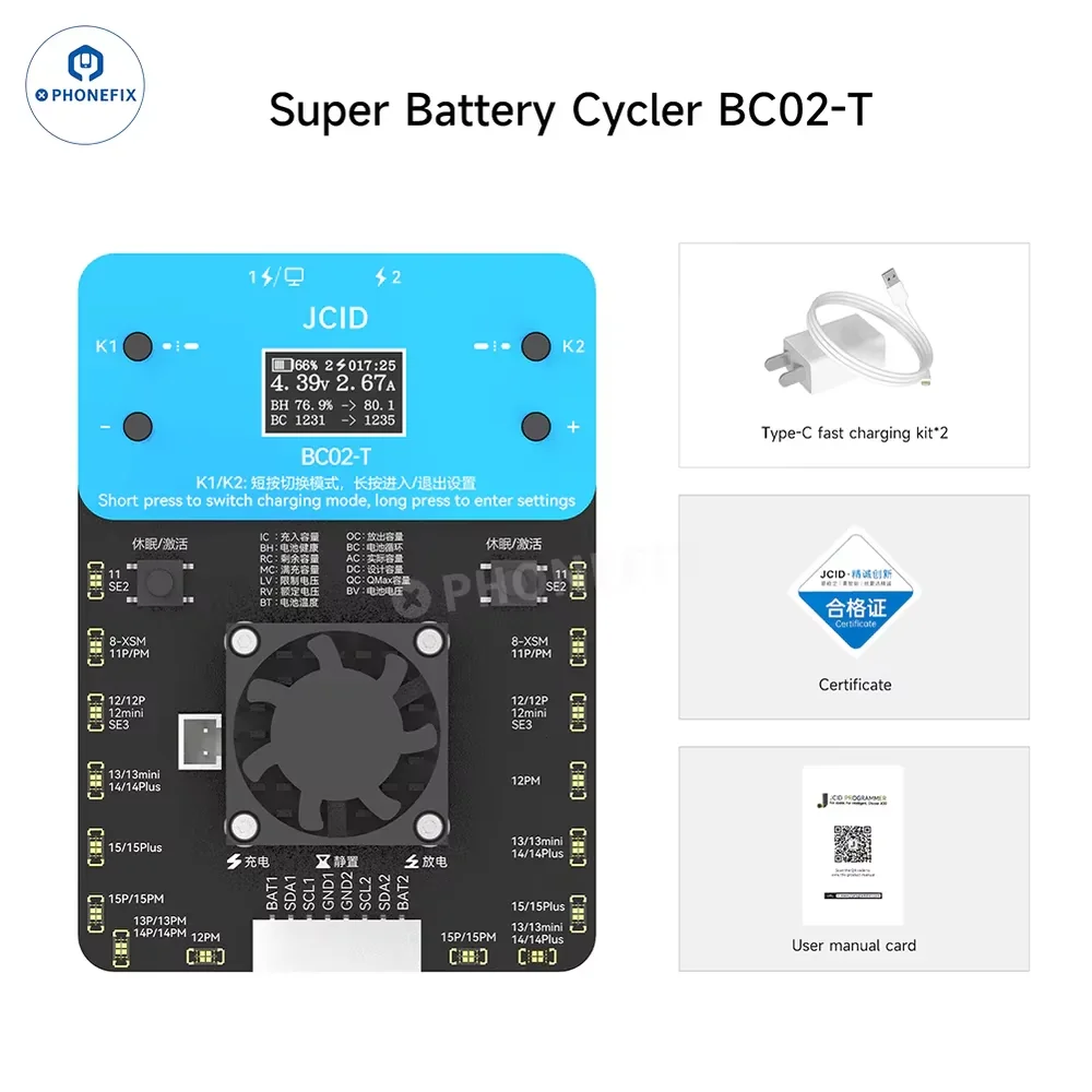 JCID BC02-T Super Battery Cycler Unlock Battery Voltage Limit for iPhone 11 12 13 14 15PM Battery Health AND Cycle Repair Tool