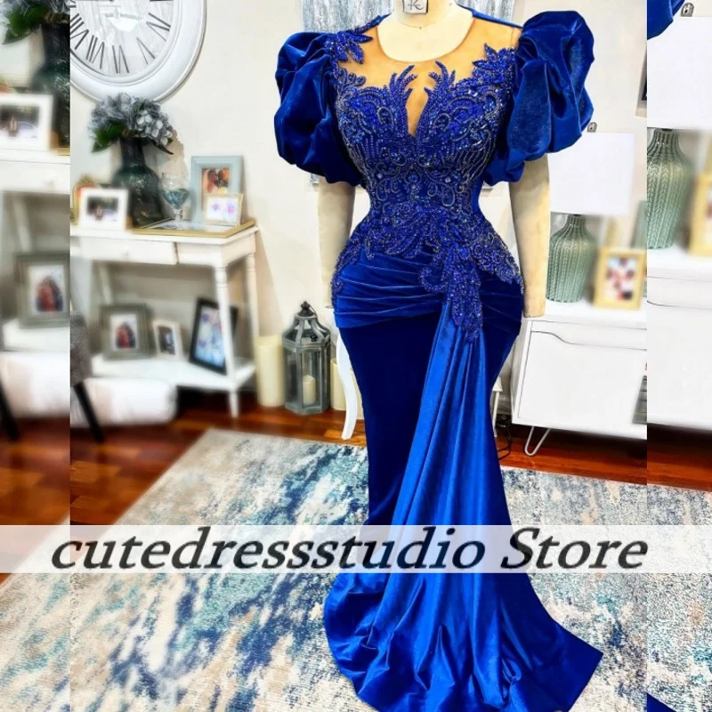 

Luxurious Royal Blue Velvet Evening Dresses For Women Customized Exquisite Beaded Applique Long Mermaid Dinner Dress Prom Gowns
