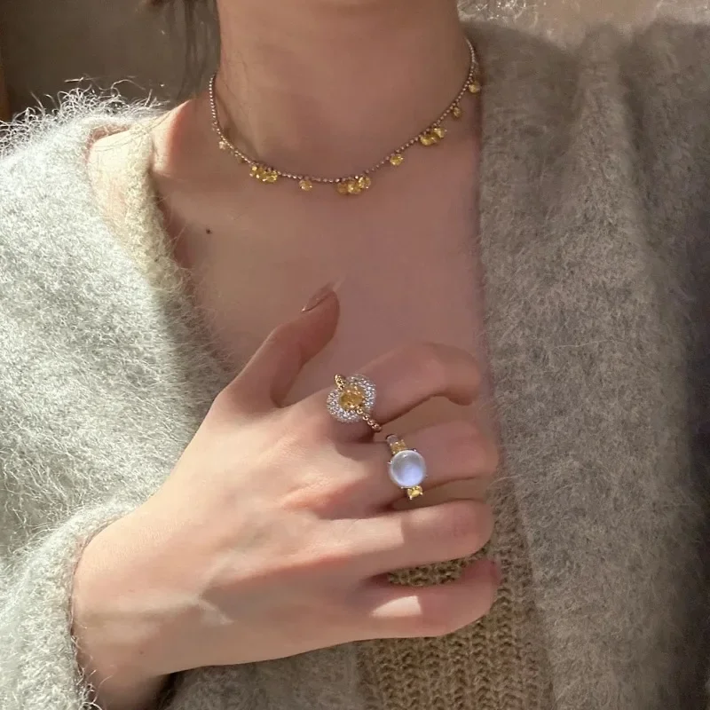 Classic gentle style natural ice chalcedony rings for women light luxury silver 925 yellow crystal ring fashion wedding jewelry