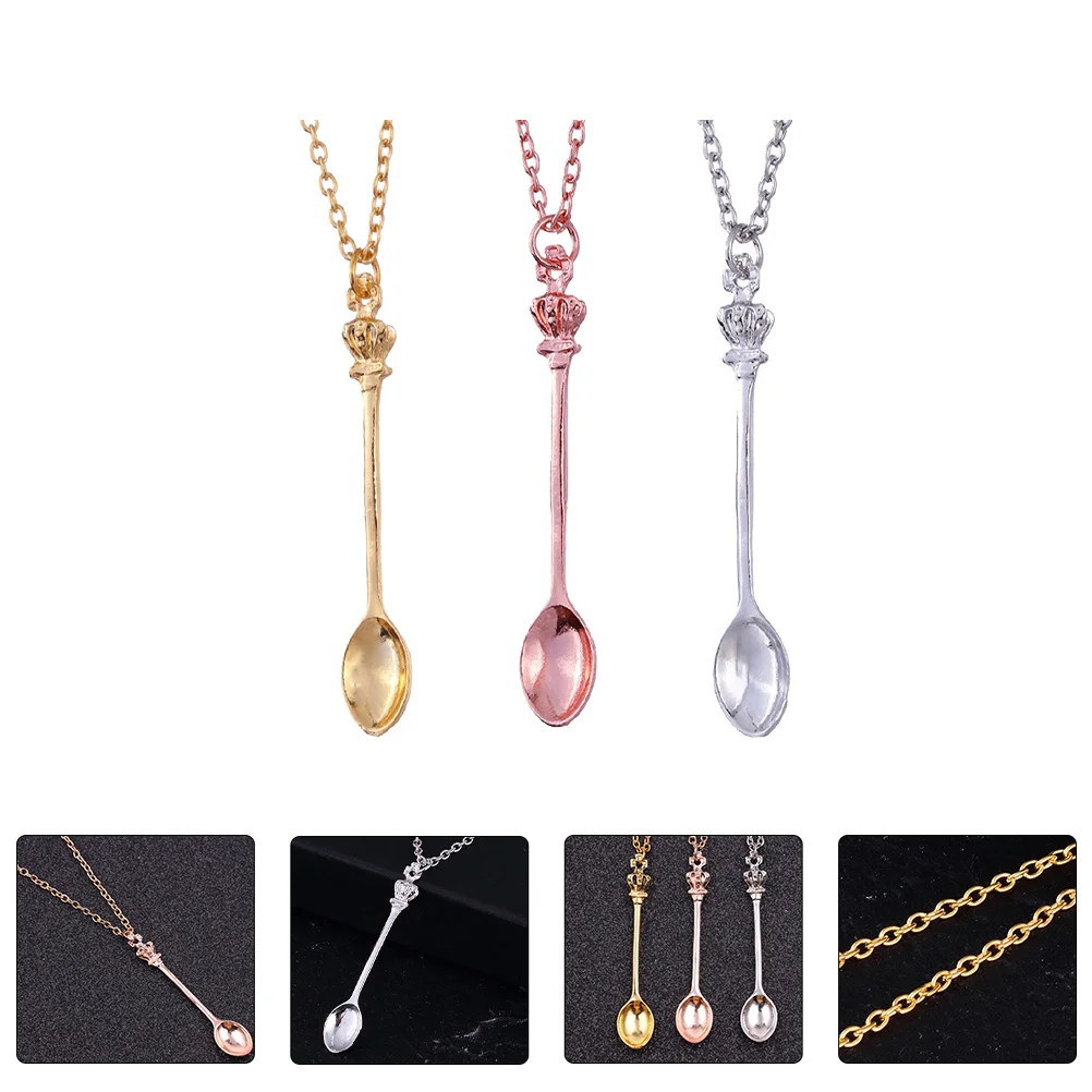 3 Pcs Fashion Crown Tea Spoon Necklace Miss Necklaces Bike for Women Trendy Alloy Pendant Chain Hip-hop Clavicle