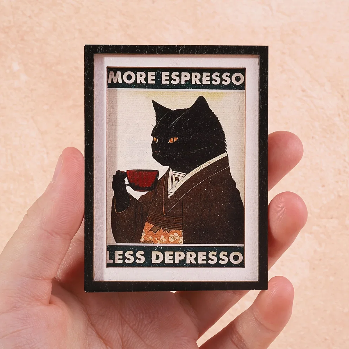 Wood Framed Black Cat Coffee Quote Fridge Magnet, More Espresso Less Depresso Kitty Refrigerator Decor Gift